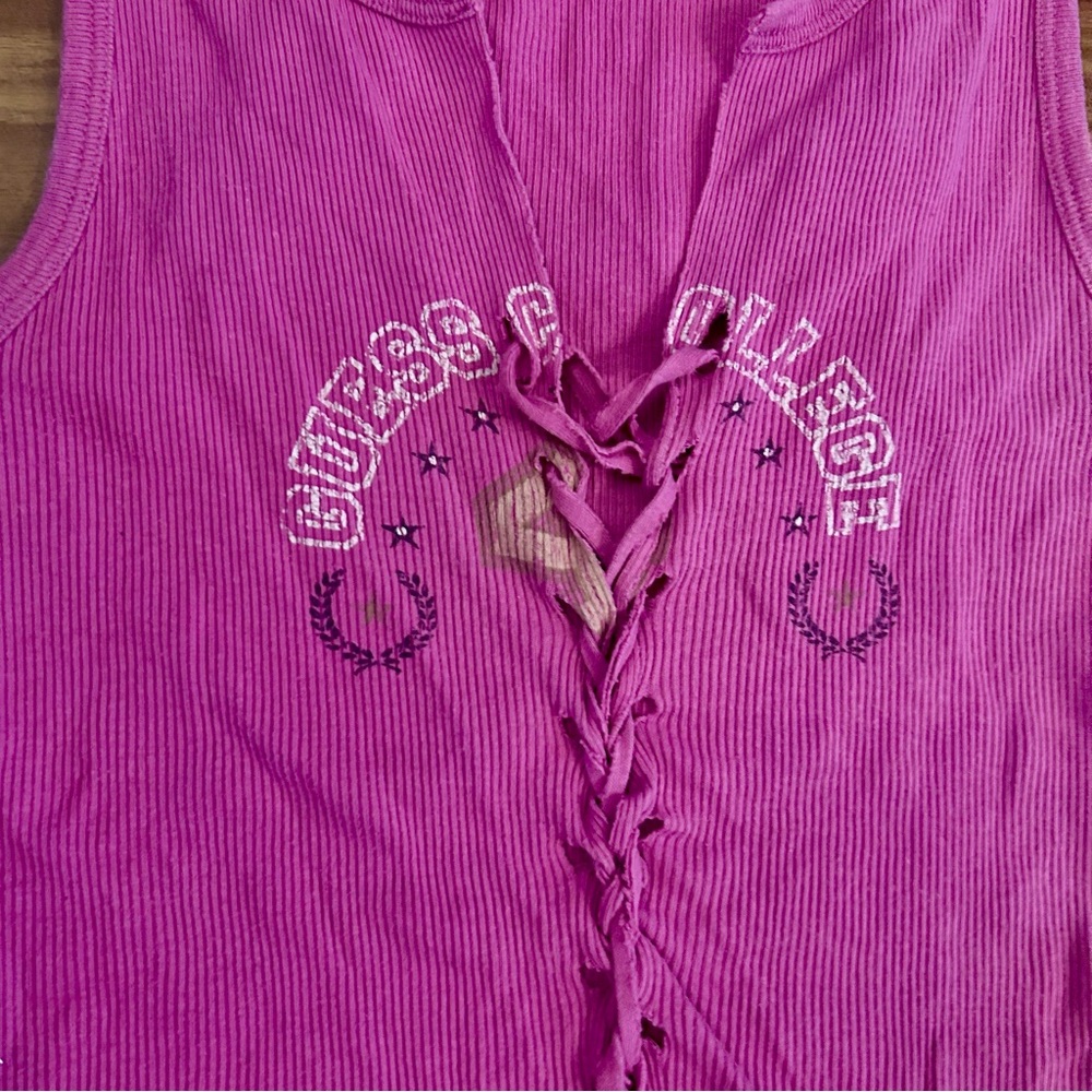 Guess Pink Lace up Tie Front Fitted Ribbed Tank Top - Picture 2 of 3